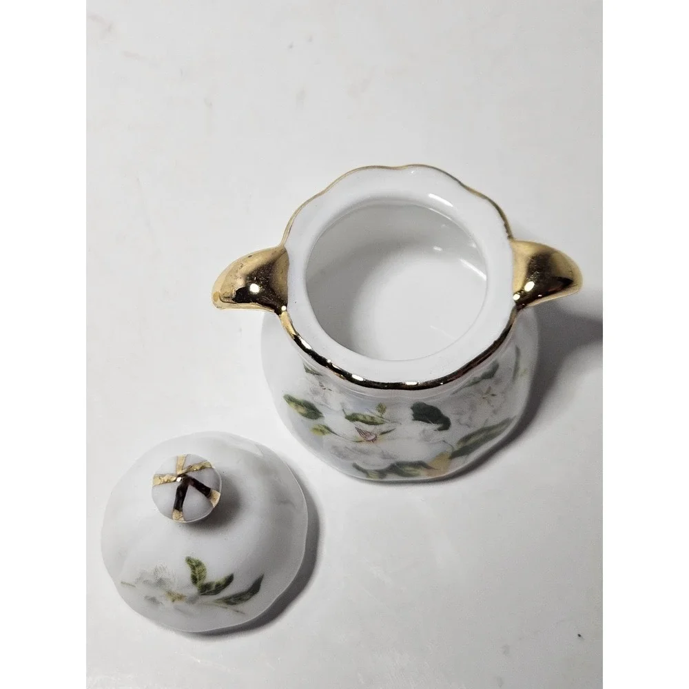 Mini Bone China Tea Set White Floral Gold Gilt Footed Cups Creamer Teapot 7pc